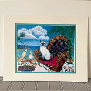 Hawaii Tropical Cat Matted Art Print Colorful Ready To Frame Blue White‎